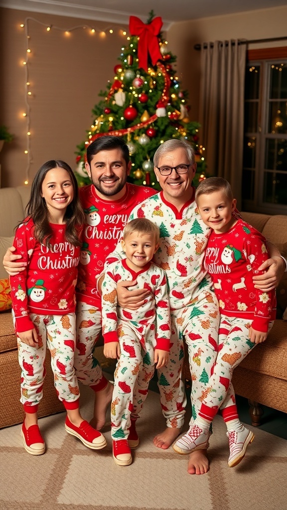 A family in matching Christmas pajamas gathered around a decorated tree, celebrating the holiday season.